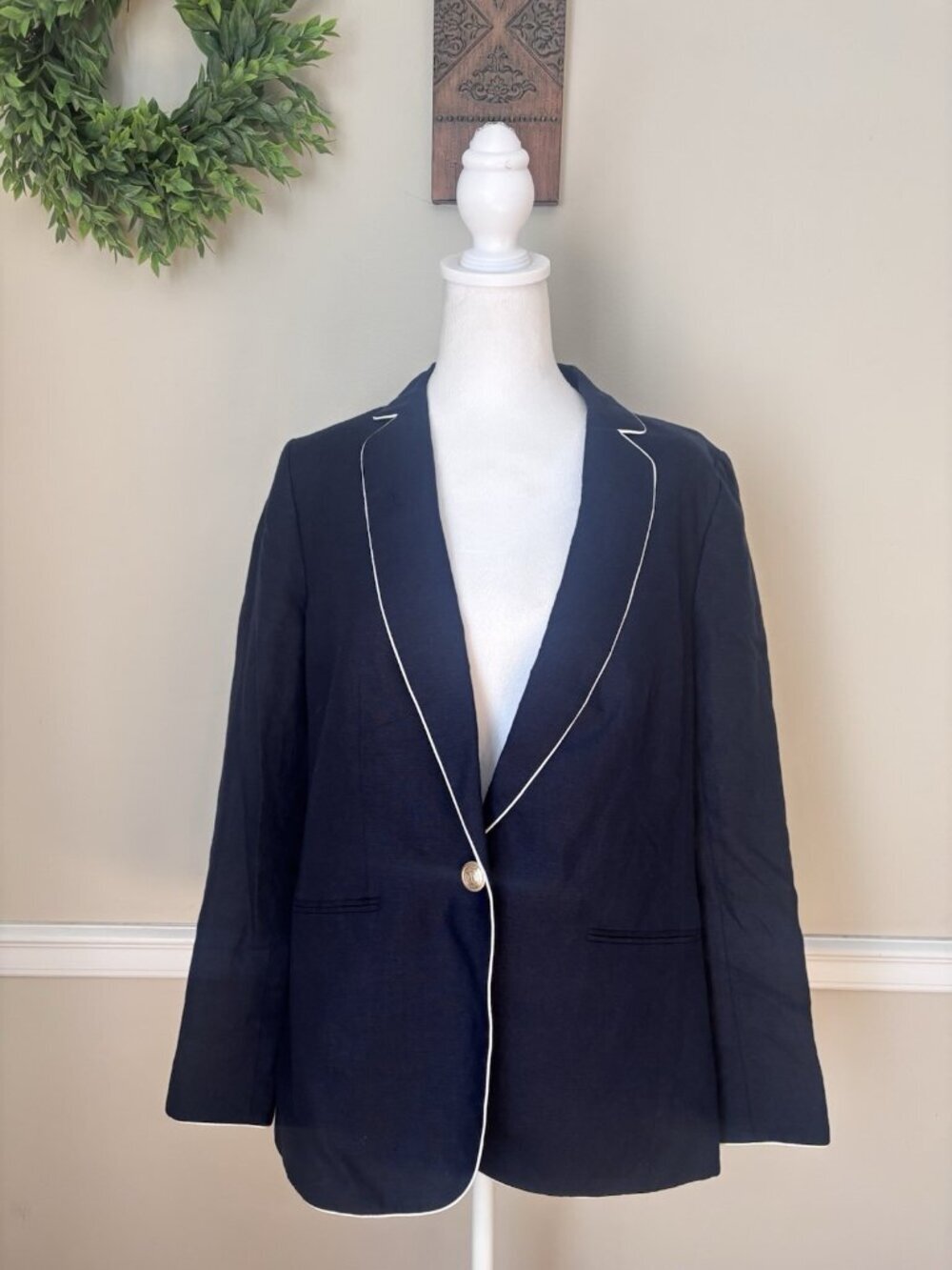 Talbots Womens Size 10 Classic Linen Blazer Gold Buttons Dark Blue